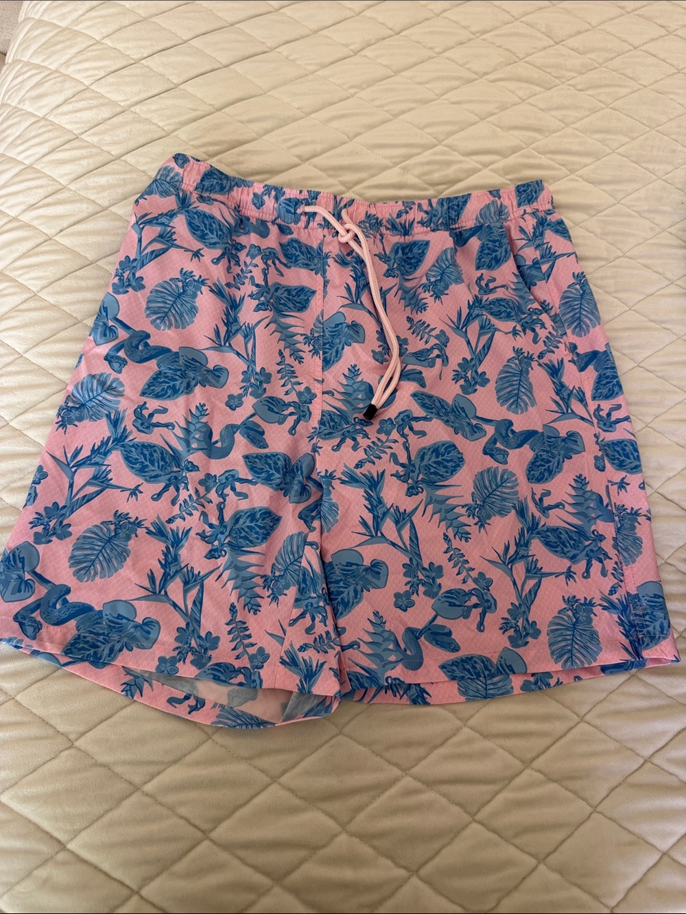 Peter Millar Pink Swim Trunks with Blue Tropical Print